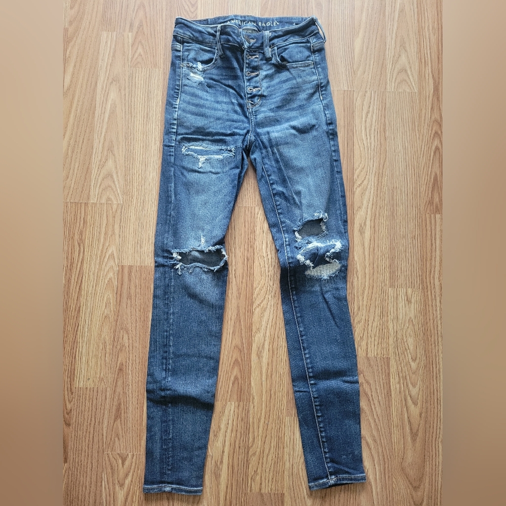 American Eagle Outfitters Blue Skinny Jeans with Modern Distressing